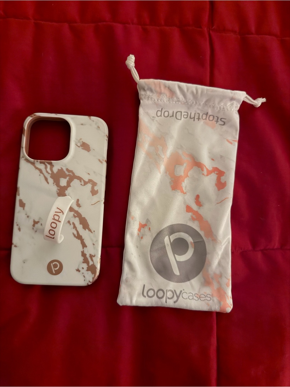 Loopy iPhone 14 Marble Phone Case with pouch. White & Rose Gold